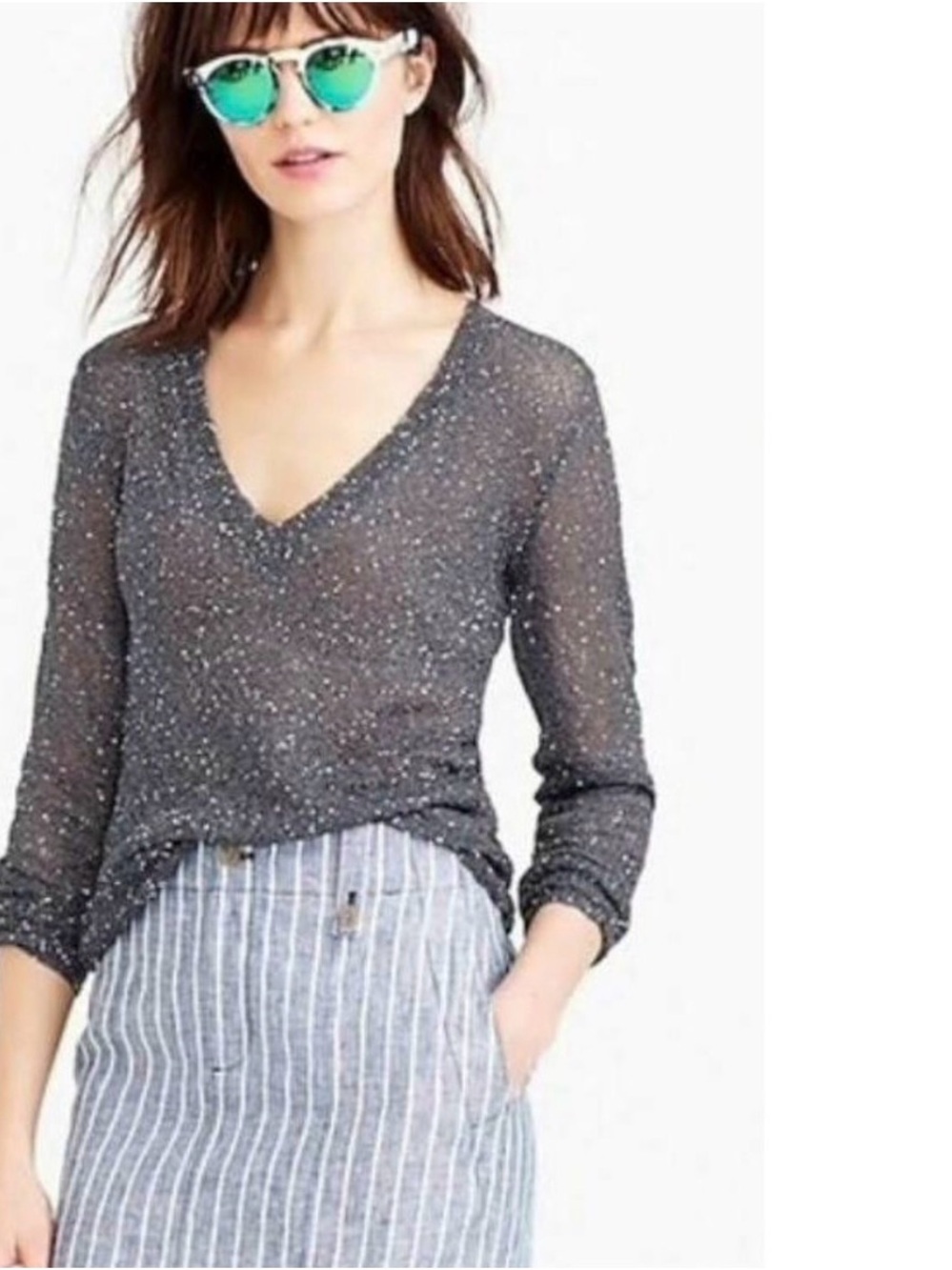 J. Crew Charcoal Sparkle V-Neck Long Sleeve Top